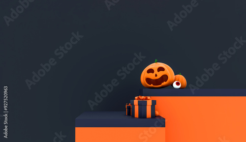 Halloween Pumpkin and Gift Boxes on Minimalist Stand. 3D Illustration photo