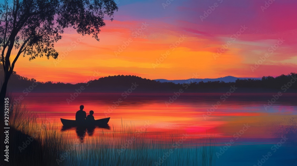 Two people in a small boat on a lake at sunset, with a colorful sky and mountains in the background. Two people in a small boat on a lake at sunset, with a colorful sky and mountains in the background.