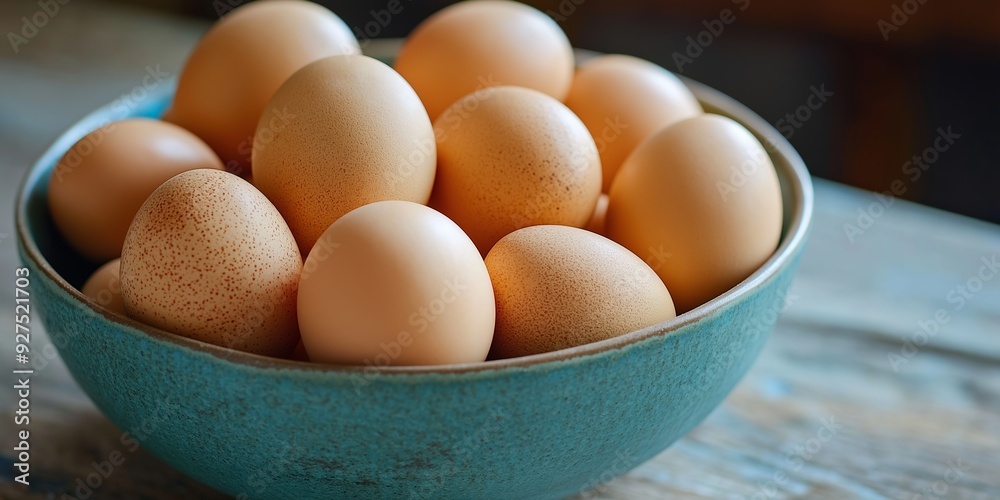 A blue ceramic bowl filled with several brown eggs, placed on a rustic wooden surface. Fresh organic produce. A blue ceramic bowl filled with several brown eggs, placed on a rustic wooden surface. Fresh organic produce.