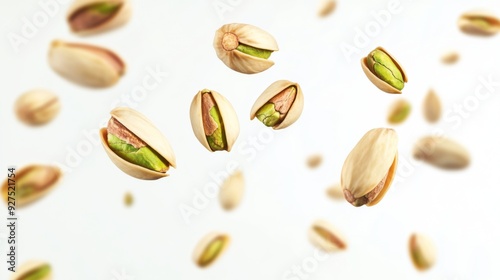 Flying in air fresh raw whole and cracked pistachios isolated on white background. Falling pistachio photo