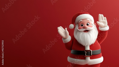 Jolly 3D cartoon Santa Claus waving cheerfully, festive red background