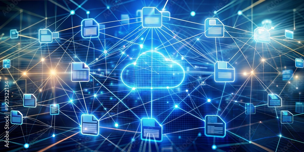 Cloud Computing Network: A glowing cloud computing network with connected documents and data, symbolizing the interconnectedness and accessibility of information in the digital age.