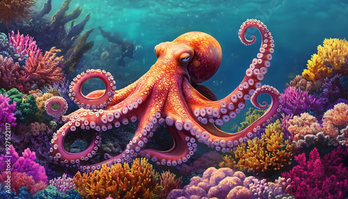 A beautiful illustration of an octopus in the middle of a vibrant multicolored coral reef