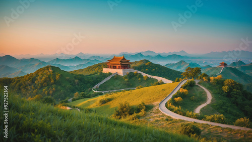 Tranquil moment showcasing rolling hills and distant temple. Chinese landscape