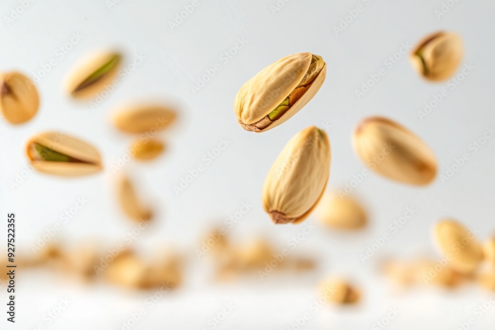 Flying in air fresh raw whole and cracked pistachios isolated on white background. Falling pistachio