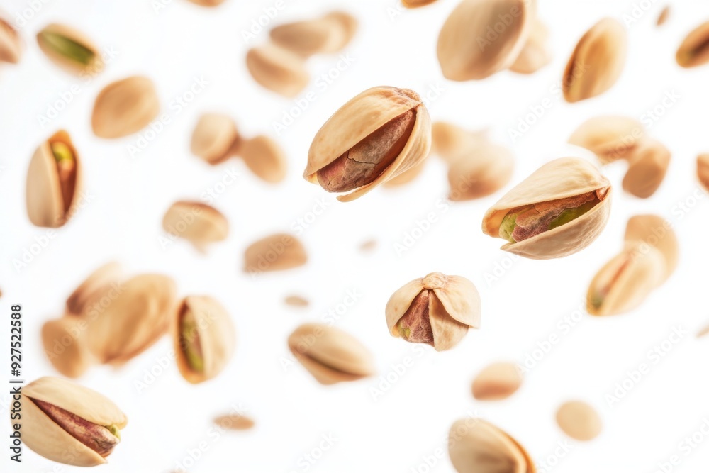 Flying in air fresh raw whole and cracked pistachios isolated on white background. Falling pistachio Flying in air fresh raw whole and cracked pistachios isolated on white background. Falling pistachio