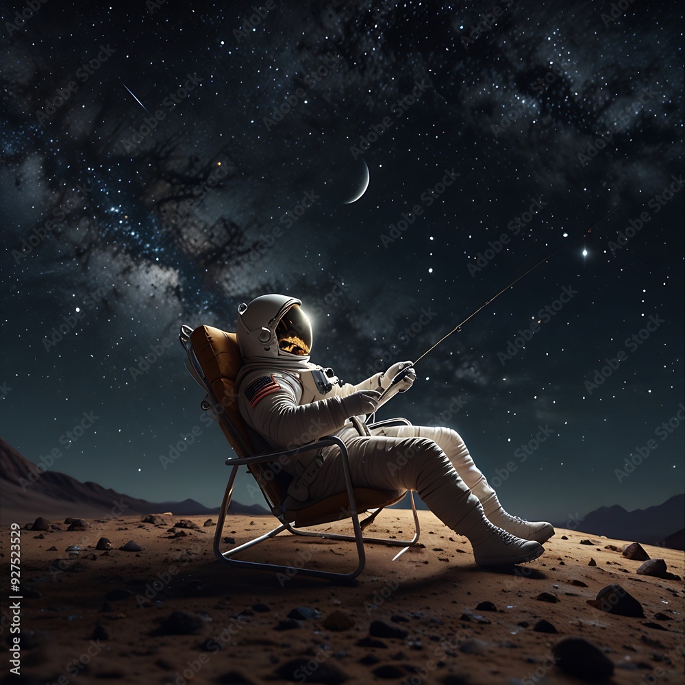 Naklejka premium A highly realistic 8K depiction of an astronaut lounging on a crescent moon, fishing stars from the cosmos with a shimmering celestial line