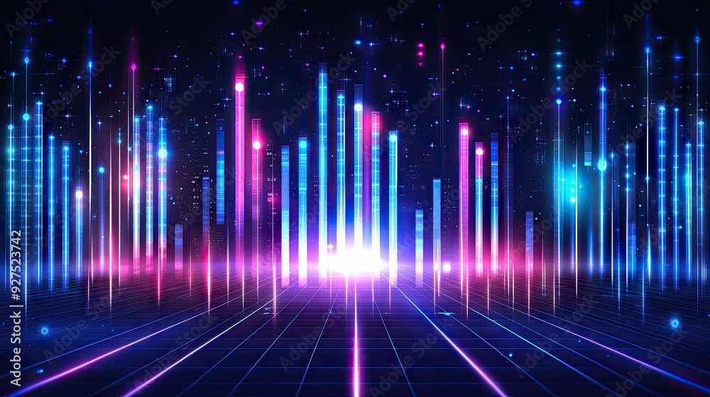 Detailed vector illustration of a blue music equalizer, with bright bars and waveform elements. Futuristic design for visualizing audio levels and frequencies. Detailed vector illustration of a blue music equalizer, with bright bars and waveform elements. Futuristic design for visualizing audio levels and frequencies.
