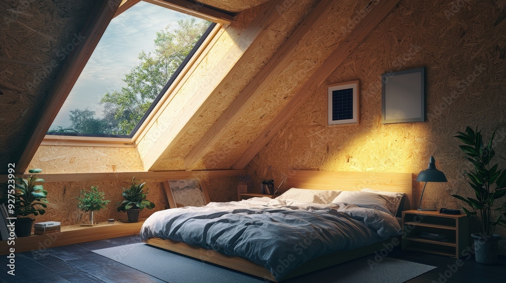 Bedroom with energy-efficient insulation and solar-powered devices, promoting clean energy Bedroom with energy-efficient insulation and solar-powered devices, promoting clean energy