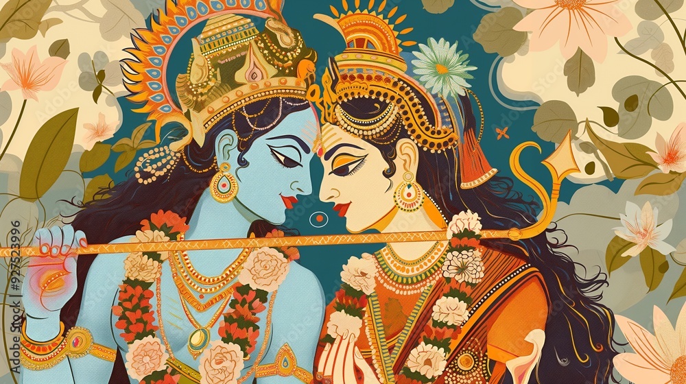 Close-up of Hindu deities Krishna and Radha with intricate details and floral background.