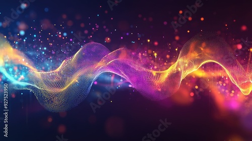 Dynamic, colorful sound waves representing audio and voice energy. Abstract background with vibrant gradients and fluid lines highlighting audio movement.