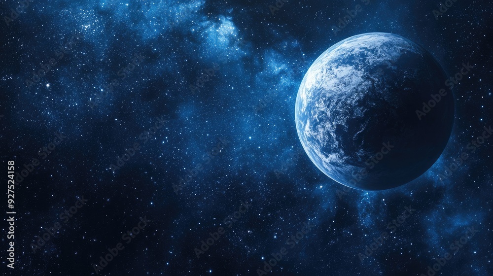 Obraz premium Earth seen from space with a serene moon and starry night sky in rich blue tones. Captures the tranquil beauty of our planet amidst a vast cosmic backdrop.