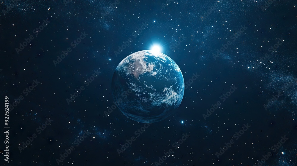 Obraz premium Earth visible against a dark blue night sky with a bright moon and scattered stars. A digital 3D rendering showcasing the serene beauty of our planet and its celestial companions.