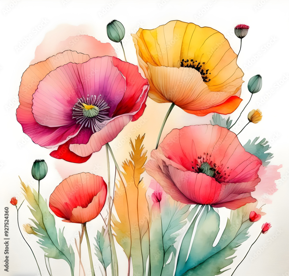 Fototapeta premium watercolor, simple clean line art, poppy flowers, white background, pink green yellow and red color palette