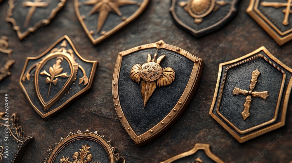 Close-up of several ornate golden shields with various symbols and designs on a dark wooden background. Close-up of several ornate golden shields with various symbols and designs on a dark wooden background.