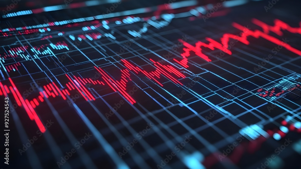Red Line Fluctuates on Digital Grid Red Line Fluctuates on Digital Grid