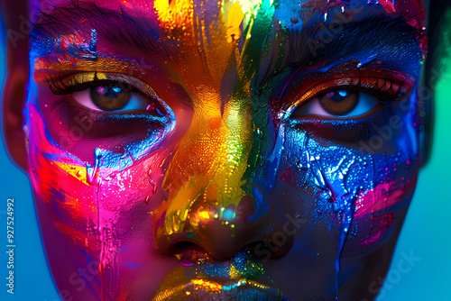 Close-up of a female model with stunning multicolored face paint, showcasing vibrant hues and intricate details for a captivating artistic expression.