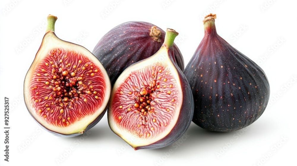 Beautifully ripened figs, whole and halved to showcase their vibrant red flesh, isolated on a white background Beautifully ripened figs, whole and halved to showcase their vibrant red flesh, isolated on a white background