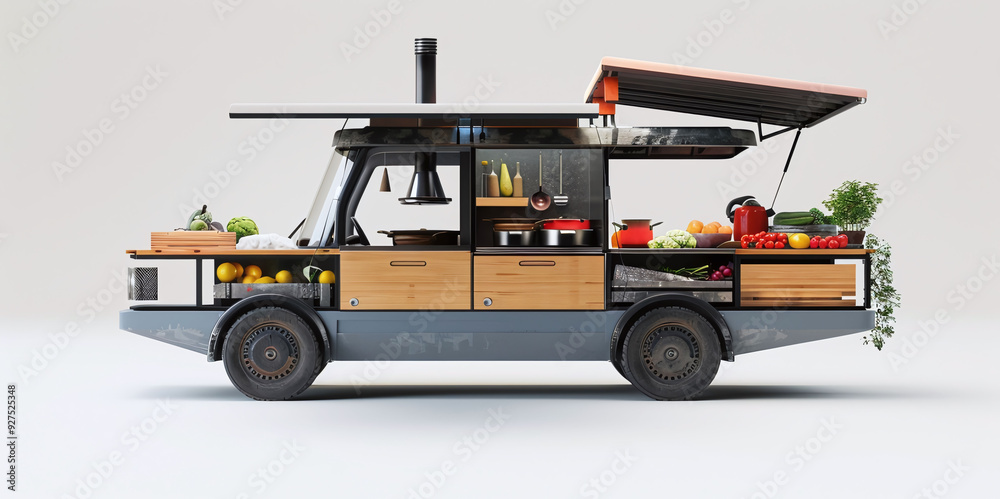 A mobile kitchen van with a wood counter, a black hood, and an awning. It is stocked with fresh vegetables and cooking equipment. Generative Ai A mobile kitchen van with a wood counter, a black hood, and an awning. It is stocked with fresh vegetables and cooking equipment. Generative Ai