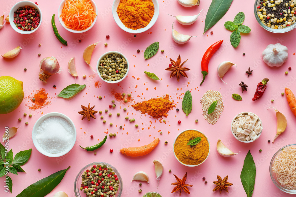 Variety of colorful spices and herbs on pink background. Pattern with Indian cuisine ingredients Variety of colorful spices and herbs on pink background. Pattern with Indian cuisine ingredients