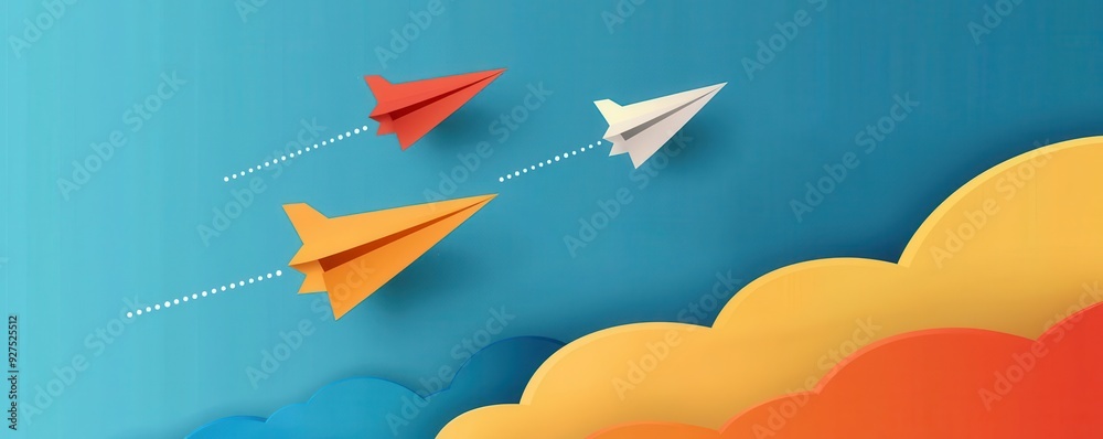 Paper planes passing through secure blockchain networks, digital data trails, flat design illustration Paper planes passing through secure blockchain networks, digital data trails, flat design illustration