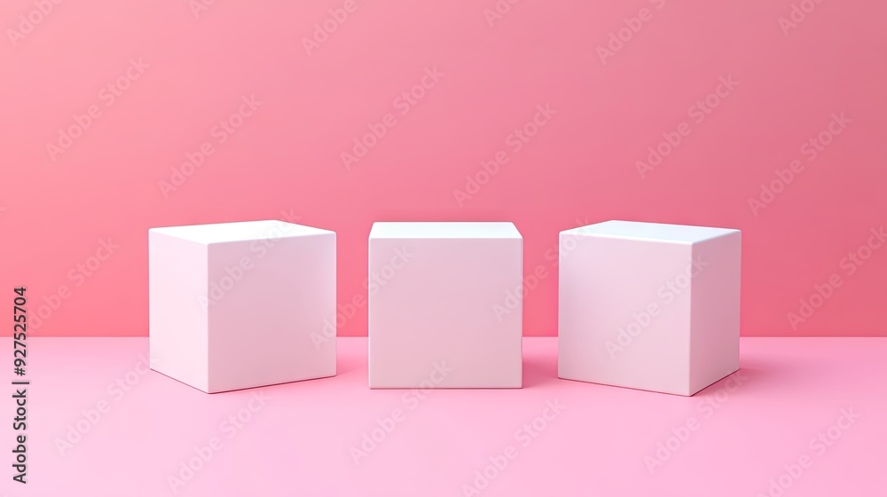 Elegant setup with three white blank cubes on a pastel pink background. Ideal for product displays and technical concept presentations in 3D rendering. Elegant setup with three white blank cubes on a pastel pink background. Ideal for product displays and technical concept presentations in 3D rendering.
