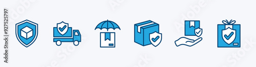 Set of insurance package, packet, parcel, and gift delivery or shipping icon vector. Containing cardboard and shield protection, cargo truck safety and check mark, umbrella with box, care service