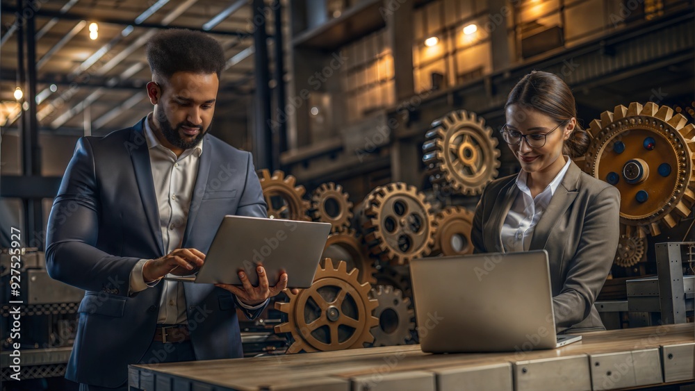 The Machine of Innovation: A dynamic duo of business professionals collaborate amidst a backdrop of intricate gears and vintage industrial design The Machine of Innovation: A dynamic duo of business professionals collaborate amidst a backdrop of intricate gears and vintage industrial design