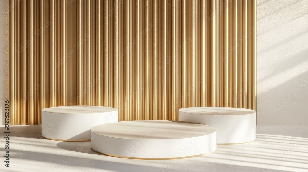 Elegant white round podiums with a rich gold backdrop partition. Ideal for abstract product display presentations and minimalist staging. 3D rendering of a modern, sophisticated design. Elegant white round podiums with a rich gold backdrop partition. Ideal for abstract product display presentations and minimalist staging. 3D rendering of a modern, sophisticated design.