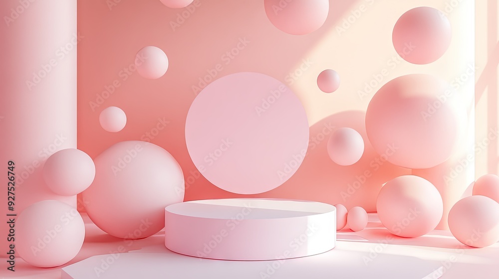 Floating pastel-colored spheres surround a podium in this 3D rendering. Warm, soothing tones ideal for displaying products or branding in a serene, stylish setting. Floating pastel-colored spheres surround a podium in this 3D rendering. Warm, soothing tones ideal for displaying products or branding in a serene, stylish setting.