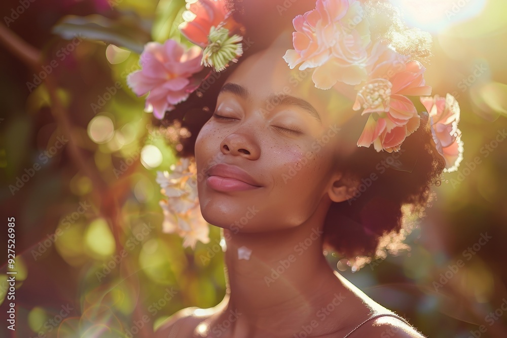 Serene Beauty - Young Woman with Glowing Skin in Garden with Flowers in Hair Serene Beauty - Young Woman with Glowing Skin in Garden with Flowers in Hair