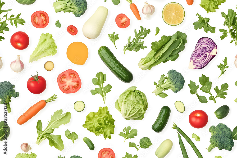 Seamless vegetarian pattern with healthy vegetables and fresh green food on white background. Repeatable texture design with different organic veggies for printing. Colored flat vector illustration