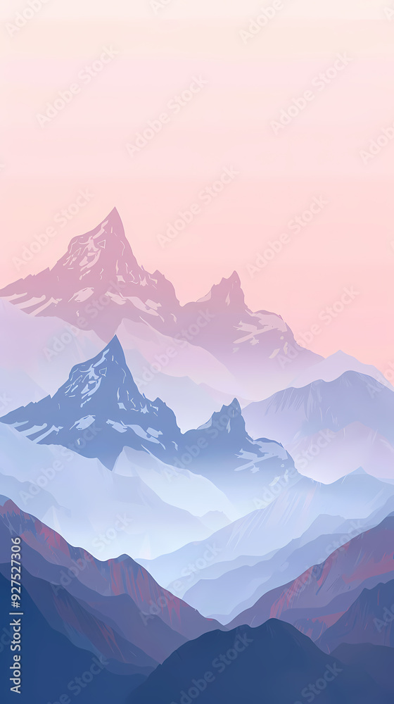 Naklejka premium A serene mountain landscape at dawn, showcasing majestic peaks in soft pastel hues of pink and blue.