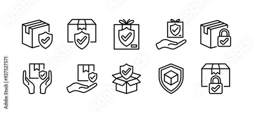 Package, parcel, gift and packet protection thin line icon set. Containing safe delivery, cardboard box with shield and checkmark, shipping or shipment care service, insurance. Vector illustration