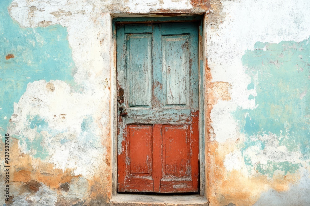 Weathered wooden door in a crumbling wall. Weathered wooden door in a crumbling wall.