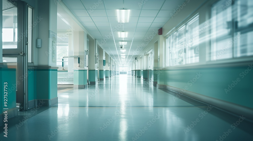 Empty hospital corridor with bright lights and tiled floor. Empty hospital corridor with bright lights and tiled floor.