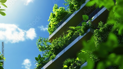 A modern building adorned with lush greenery, showcasing sustainable architecture against a clear blue sky.