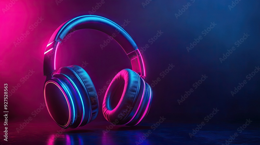 Headphones with neon light effects pulsing to the rhythm of music. 3D rendering showcasing glowing, intense colors that enhance the audio experience. Headphones with neon light effects pulsing to the rhythm of music. 3D rendering showcasing glowing, intense colors that enhance the audio experience.