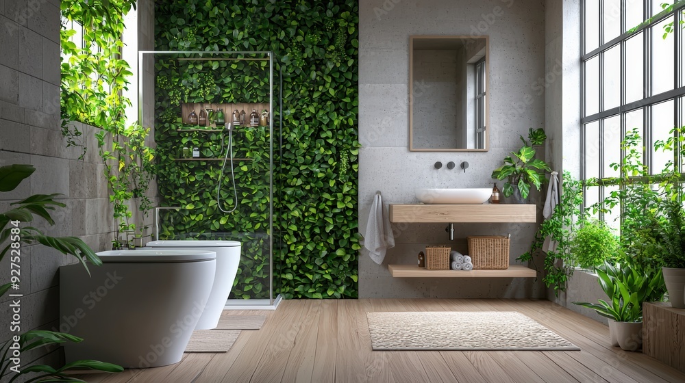 Bathroom with smart home integration and eco-friendly materials, promoting a green lifestyle Bathroom with smart home integration and eco-friendly materials, promoting a green lifestyle