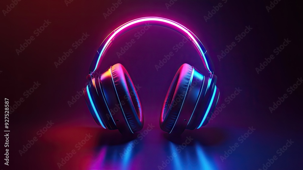 Headphones with neon light effects pulsing to the rhythm of music. 3D rendering showcasing glowing, intense colors that enhance the audio experience. Headphones with neon light effects pulsing to the rhythm of music. 3D rendering showcasing glowing, intense colors that enhance the audio experience.
