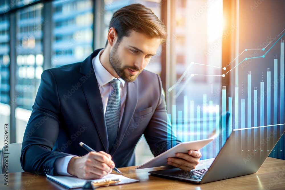 Strategic Businessman Analyzes Growth Charts in Modern Office Strategic Businessman Analyzes Growth Charts in Modern Office