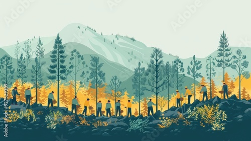 People Planting Trees in a Mountain Landscape
