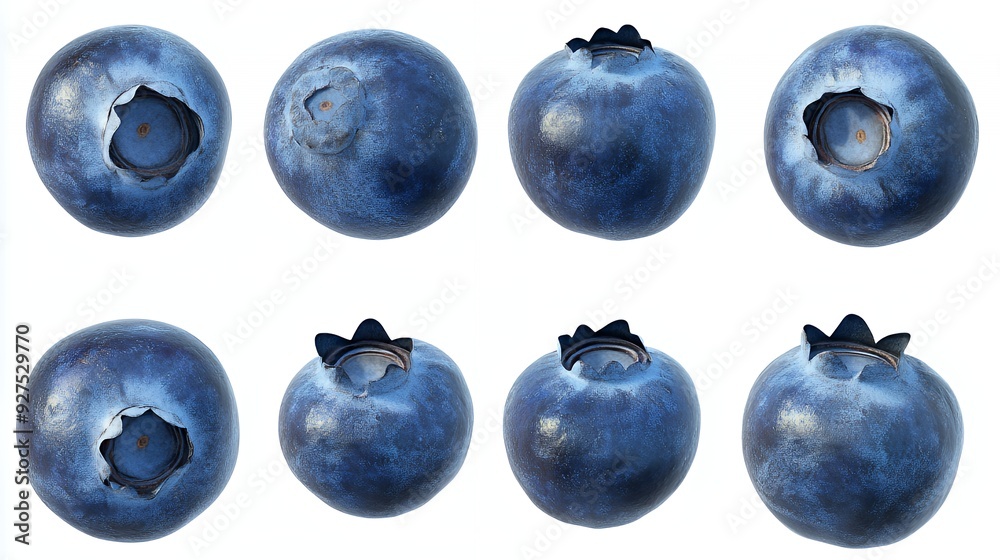 Eight Blueberries Isolated on White Background, Showing Different Angles.