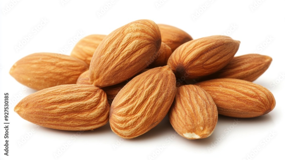 Almonds isolated on a white background. Pile of almonds nuts closeup Almonds isolated on a white background. Pile of almonds nuts closeup