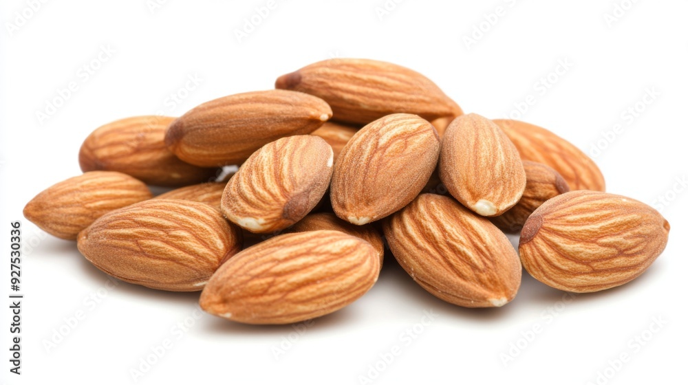 Almonds isolated on a white background. Pile of almonds nuts closeup Almonds isolated on a white background. Pile of almonds nuts closeup