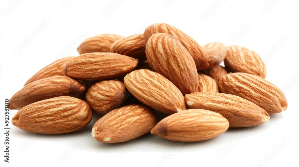 Almonds isolated on a white background. Pile of almonds nuts closeup