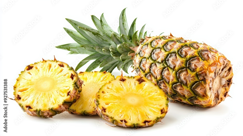A whole pineapple with slices arranged in front, highlighting the juicy interior, isolated on a white background A whole pineapple with slices arranged in front, highlighting the juicy interior, isolated on a white background