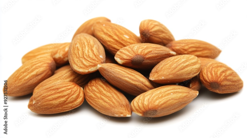 Almonds isolated on a white background. Pile of almonds nuts closeup Almonds isolated on a white background. Pile of almonds nuts closeup