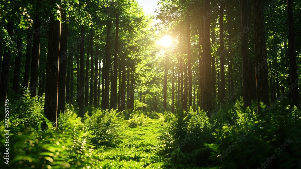 Obraz premium A tranquil forest scene with lush greenery and sunlight filtering through tall trees, creating a serene and peaceful atmosphere.