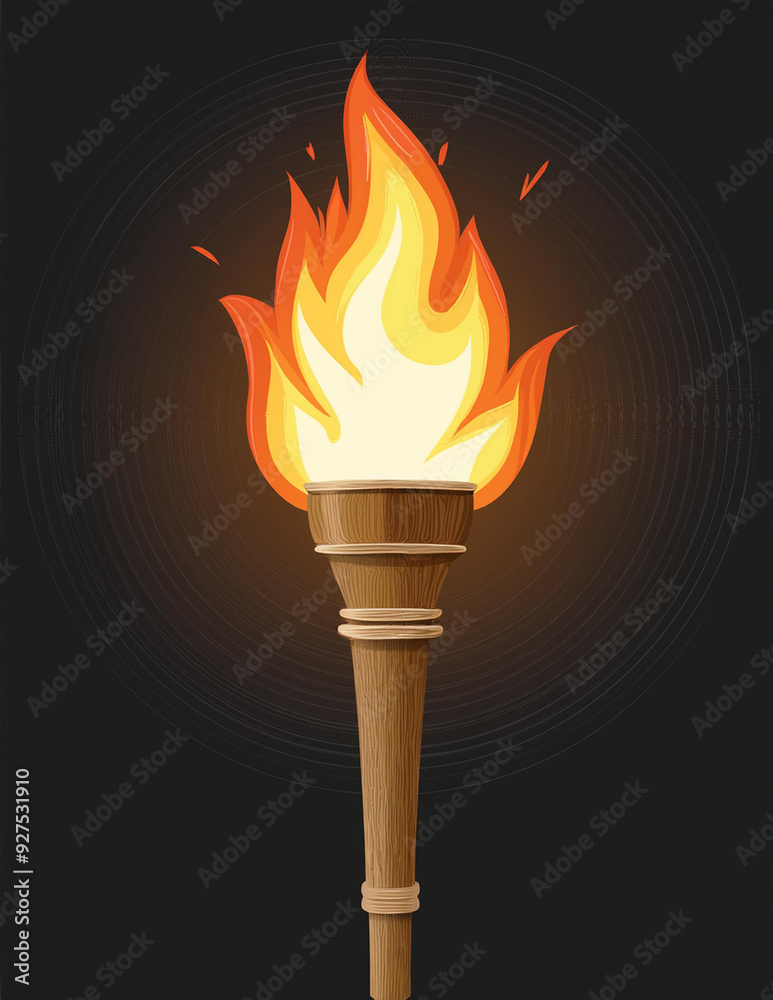 A wooden torch with a burning fire. Bright flame and sparks. Vector illustration. A wooden torch with a burning fire. Bright flame and sparks. Vector illustration.